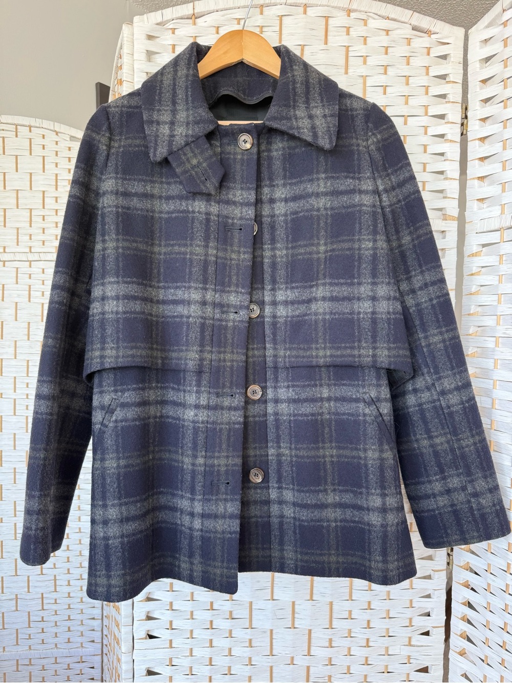 Barneys New York Navy and Gray Plaid Wool Peacoat - Picture 1 of 5